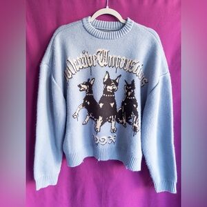 PacSun Blue Graphic Sweater Medium Oversized Cropped Distressed Hem Knit